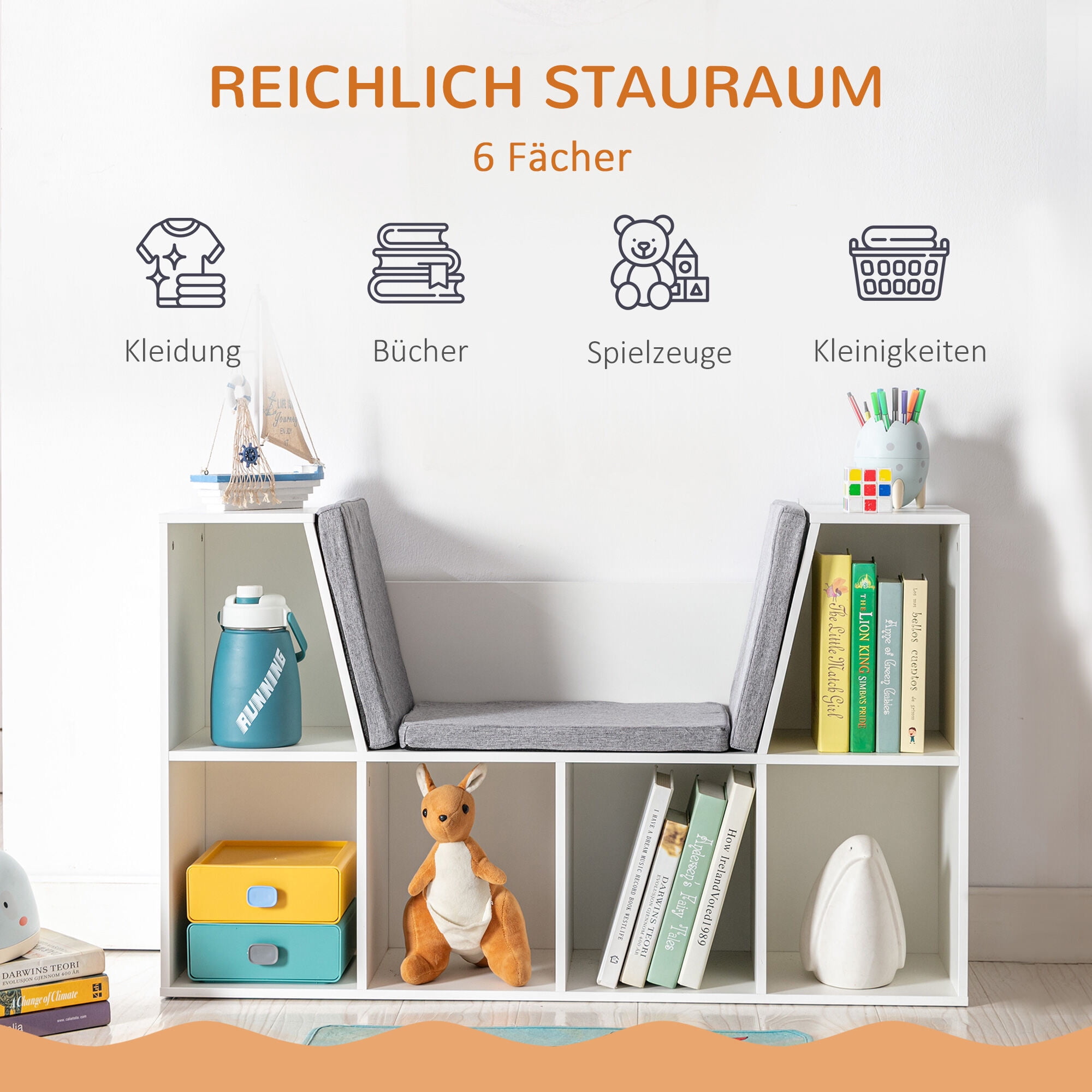 Kids Furniture HOMCOM 6-Cubby Kids Bookcase with Reading Nook and Cushion, Multi-Purpose Storage Organizer for Bedroom, Living Room, Pure White,Baby Furniture
