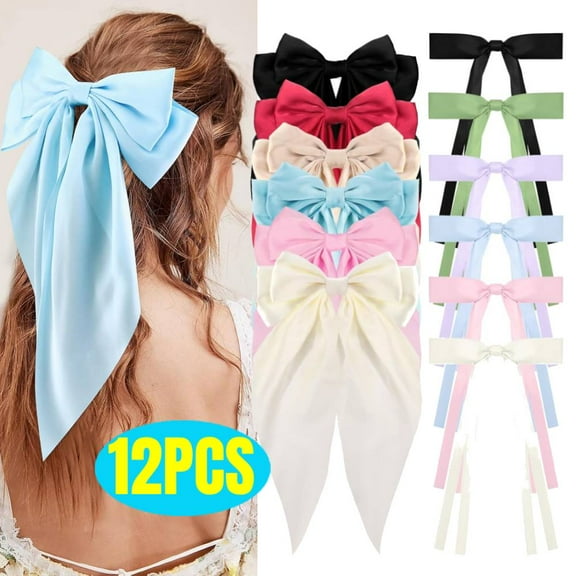 12 Pcs Hair Bows for Women Tassel Hair Ribbon Clips; 6 Pcs Big Hair Bow with Long Tail , 6 Pcs Hair Ribbon Barrettes Coquette Bows Ponytail Holder Slides Metal Clips Hair Accessories for Women