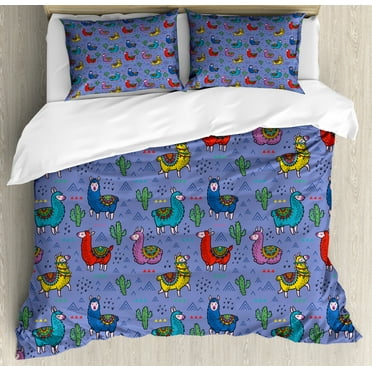 Llama Duvet Cover Set King Size, Cartoon Style Furry Animals with Mexican Folk Details Triangle and Cactus Kids Design, Decorative 3 Piece Bedding Set with 2 Pillow Shams, Multicolor, by Ambesonne