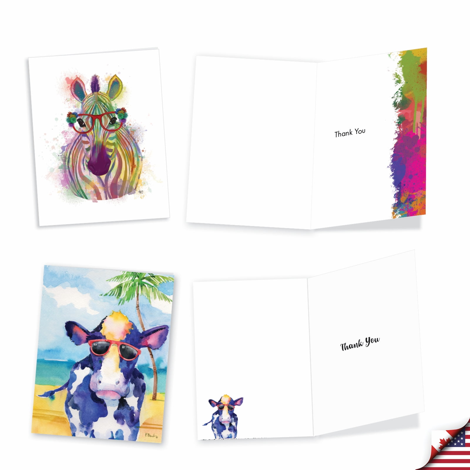 The Best Card Company 36 Assorted Thank You Notecards Bulk Box Set 4 x 5.12 Inch with Envelopes (6 Designs, 6 Each) Animal Attractions AM7801TYG-B6x6