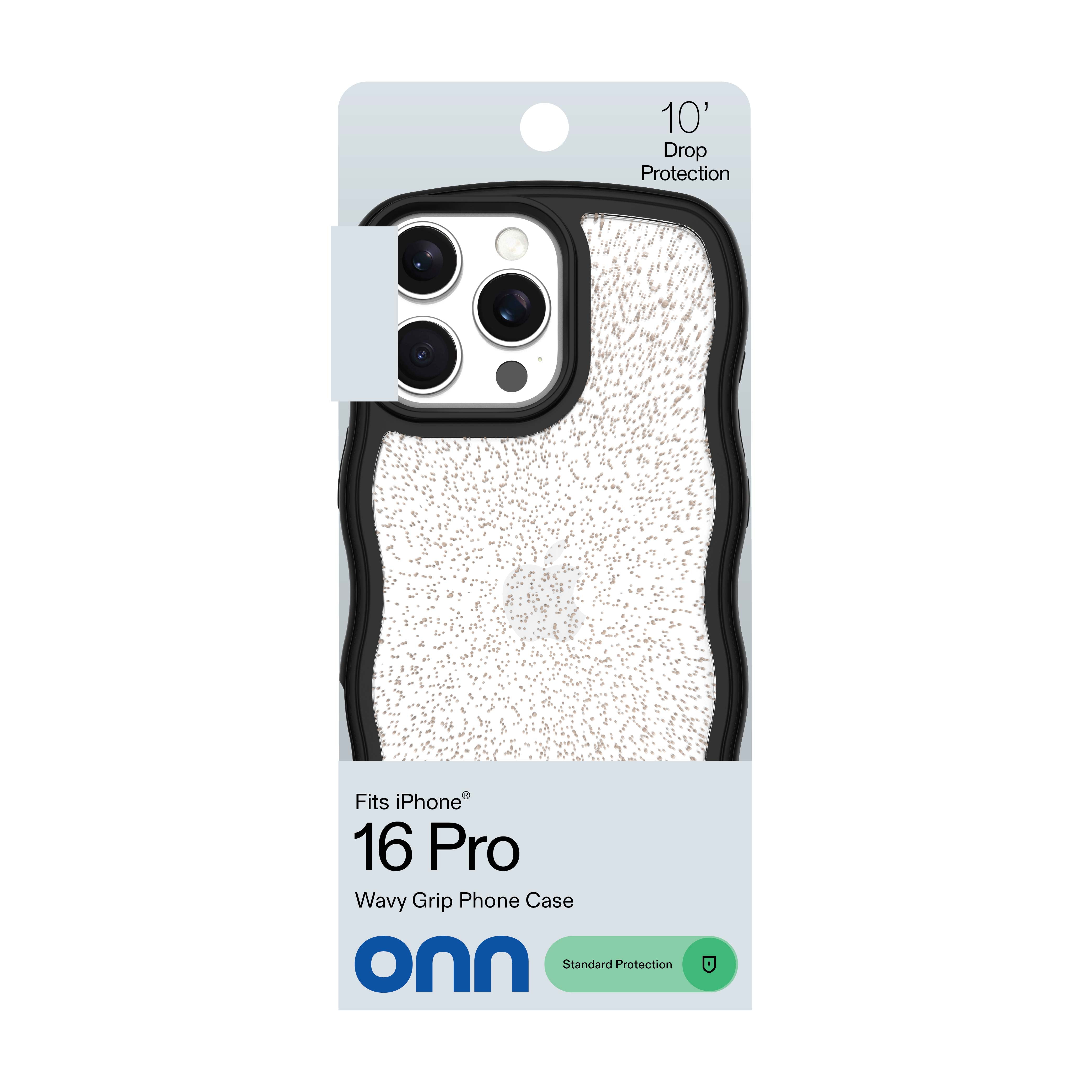 onn Wavy Grip Phone Case for iPhone 16 Pro - Black/Gold Glitter