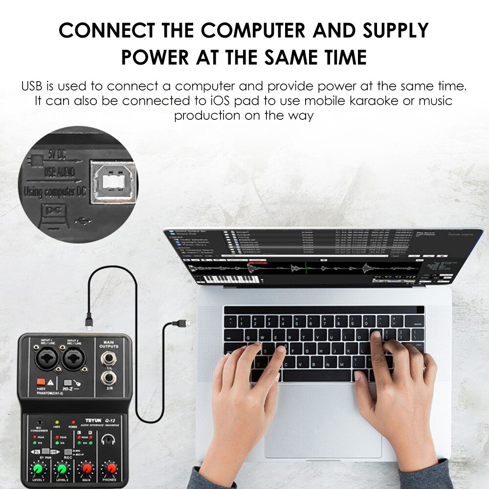 Audio Interface Professional Recording Sound Card 16bit/48kHz Mini USB Audio Interface Sound Card 2-In & 2-Out with 48V Phantom Power USB-B Cable Studio Recording Equipment for Music Recording
