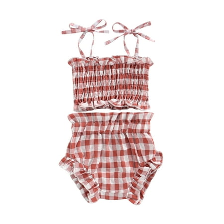 

Genuiskids Newborn Baby Girls 2Pcs Summer Outfits Infant Plaid Pattern Tie-Up Spaghetti Strap Pleated Crop Tops Ruffled Short Pants