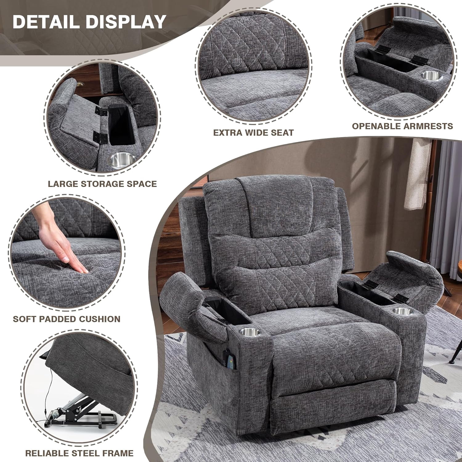 Lift Chair with Heat and Massage, Zero Gravity Lay Flat Recliner with Cup Holders & Adjustable Seat for Adults Living Room Lounge Recliners on Clearance