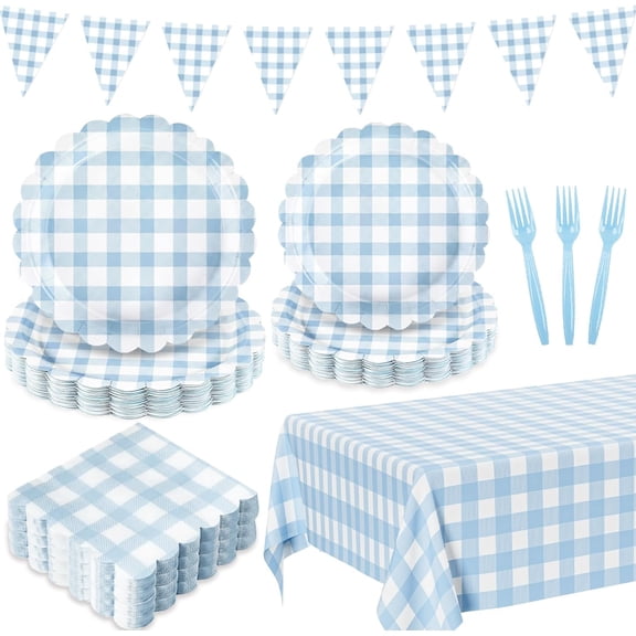 102 PCS Camp Themed Party Kit, Gingham Plates Napkins Cups Tablecloths for Baby Shower Wedding Birthday, Serves 25 Guests