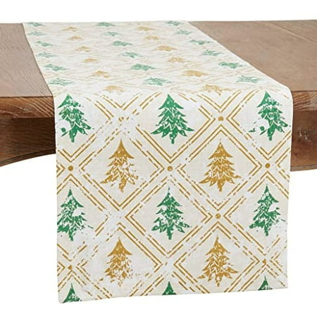 

Fennco Styles Christmas Trees Cotton Table Runner 14 W x 90 L - Gold & Green Winter Tree Table Cover for Home Dining Room Holiday Décor Banquets and Special Events