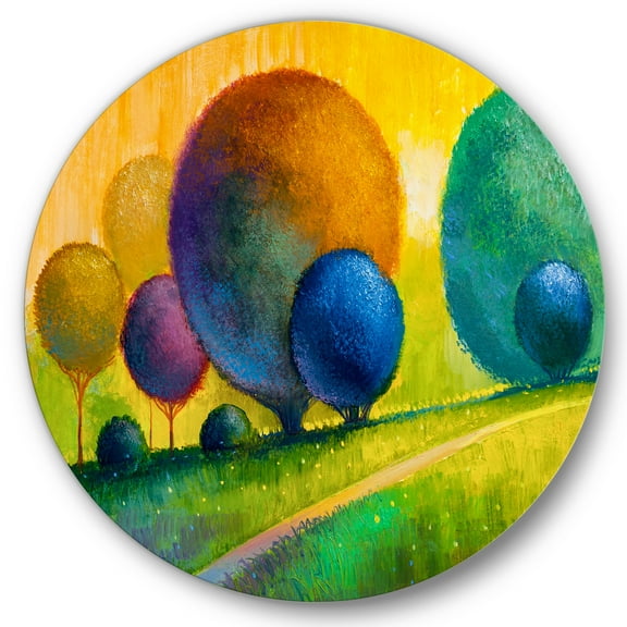 Designart 'Ornamental Colourful Trees III' Modern Circle Metal Wall Art 36x36 - Disc of 36