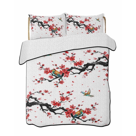 Twin Quilt Bedding Set, Red Spring Floral Reversible Summer Quilt 3 Pieces, Birds Branches Watercolor Flowers Lightweight Bedspreads Coverlets with 2 Pillow Shams for All Seasons