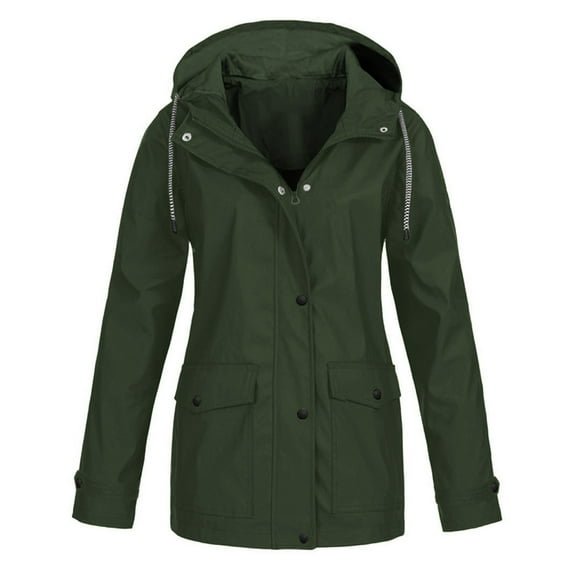 Dyfzdhu Trench Coats for Women Fall Winter Solid Color Hooded Pockets Watertight Windproof Jacket Army Green