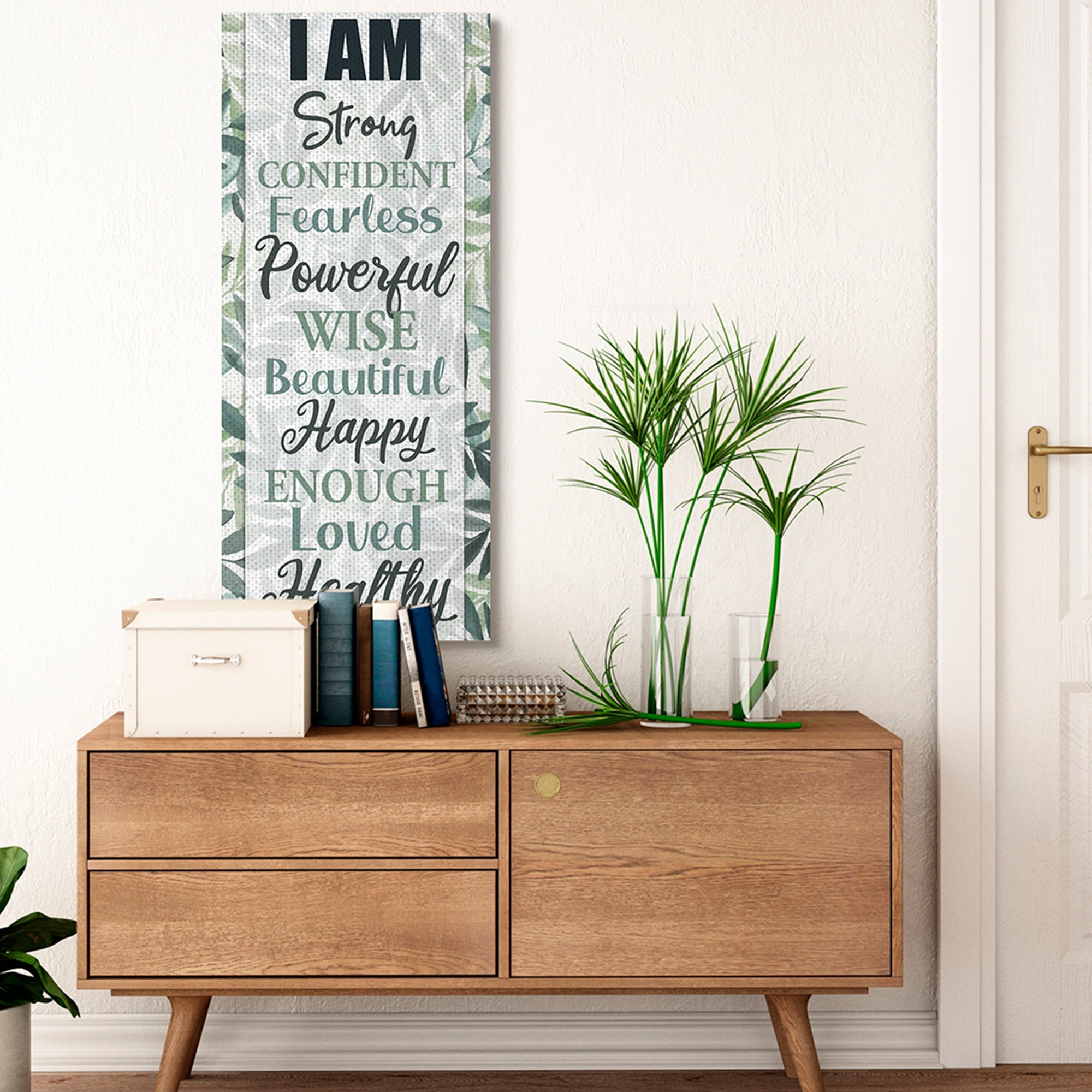 Stupell Industries I Am Inspirational Phrases over Tropical Green Palms Inspirational Painting Gallery Wrapped Canvas Art Print Wall Art, 20 x 48