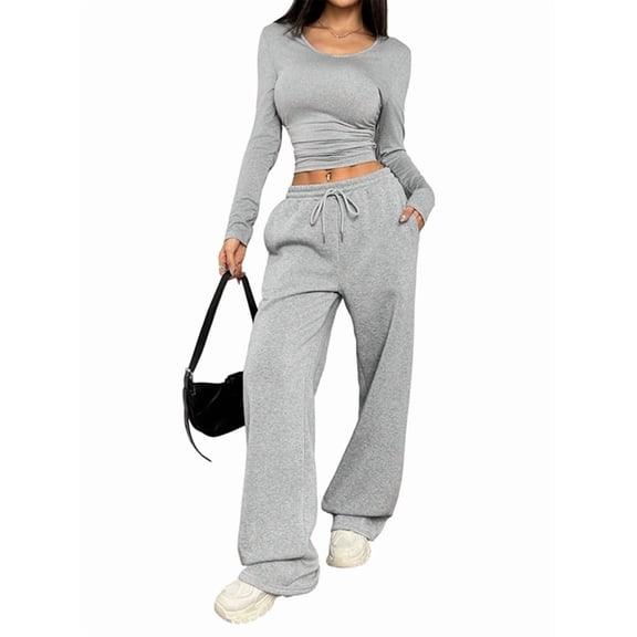 Women 2 Piece Matching Lounge Sets Clothing Comfiest Wide Leg Pants Y2K Sweatsuits Fall Outfit Gray XS