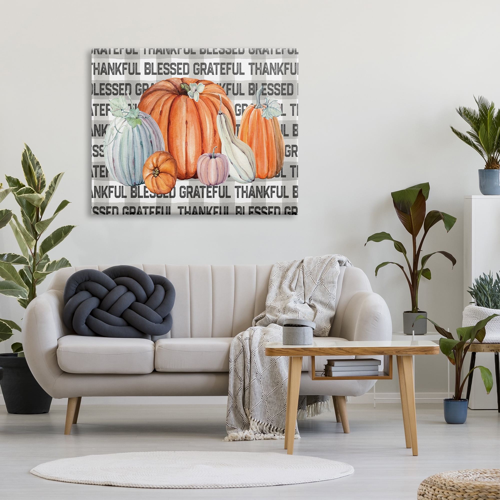 Stupell Industries Thankful Grateful Blessed Typography Grey Plaid Farm Pumpkins, 36 x 48, Designed by Valerie Wieners