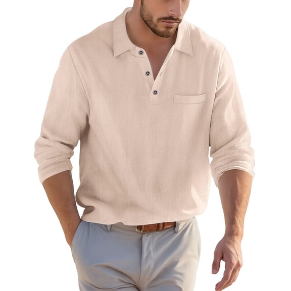 Linen Polo Shirts for Men Casual Long Sleeve Collared Relaxed Fit Golf Shirts Work Shirt Beach Shirt