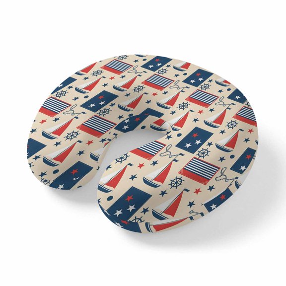 Neck Pillow Summer Nautical Sailboat Stripe Travel Pillow Memory Foam U Shaped Pillows, Vintage Blue Red Star Travel Neck Pillows for Airplane Car Office Home Sleeping Rest