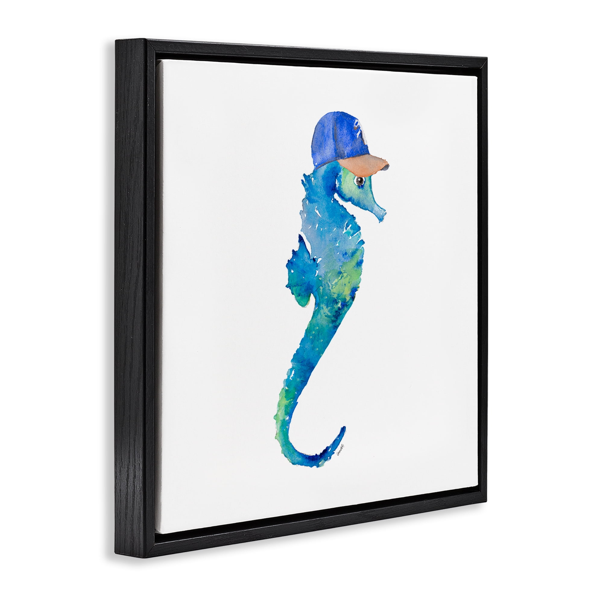 Stupell Industries Blue Seahorse in Hat Novelty Painting Black Floater Framed Canvas Art Print Wall Art, 25 x 25