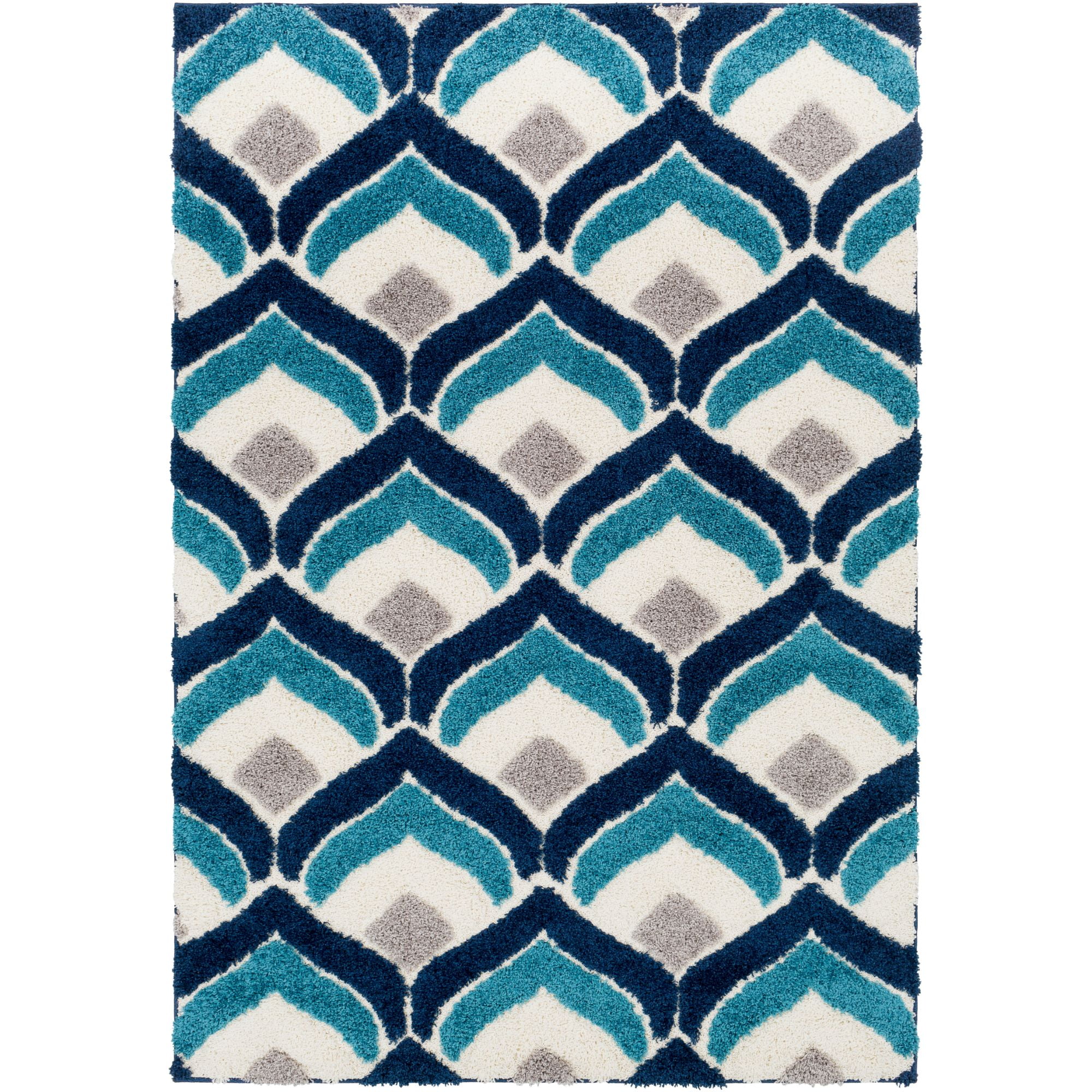 5.25' x 7.25' Geometric Gray and Teal Blue Rectangular Area Throw Rug