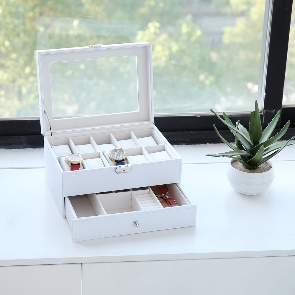 Kepooman 10 Slots Watch Box, Watch Dislpay Box Organizer, Pu Leather with Glass Top, White