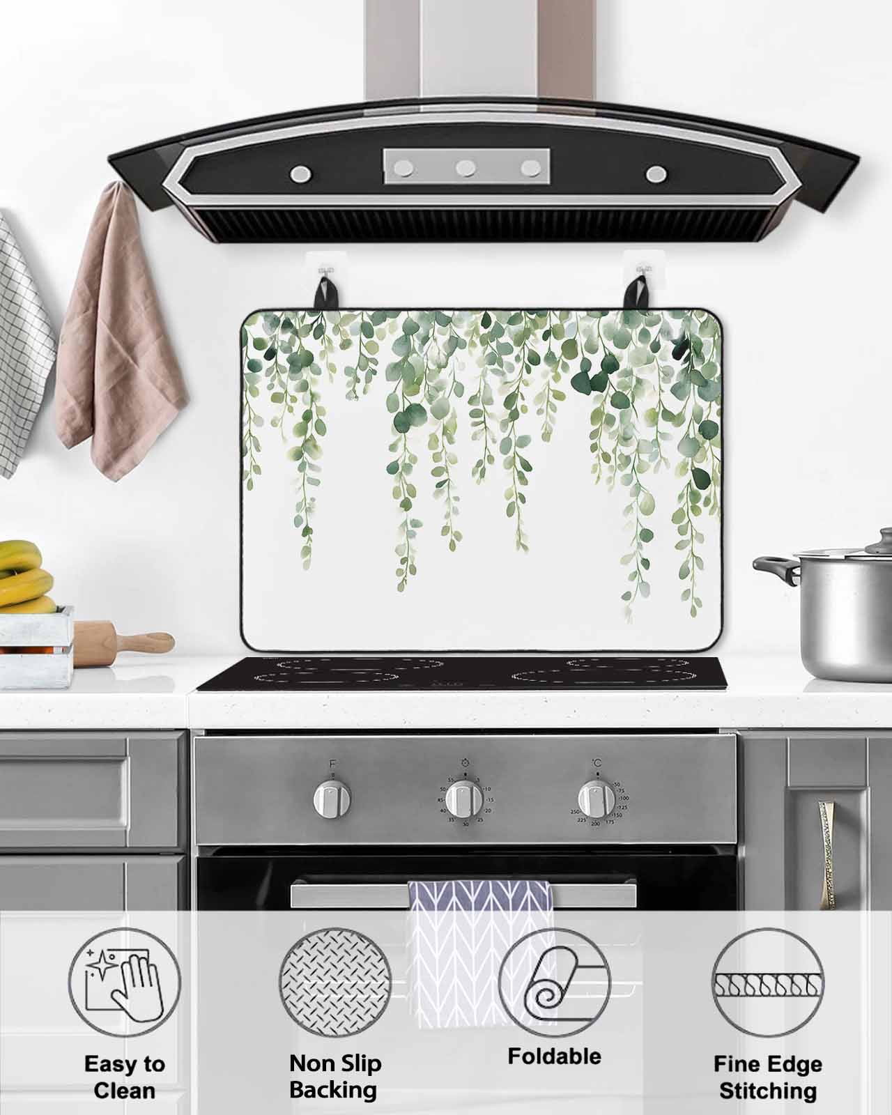nqOlkjepod Large Induction Cooktop Protector Mat 24"x21", Green Eucalyptus Branches Stove Top Covers for Electric Stove, Spring Botanical Leaves Vines Stove Burner Cover Mats, Glass Top Stove Cover