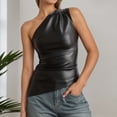 thumbnail image 2 of Wang6 Women One Shoulder PU Tank Tops Trendy Sleeveless Leather Cami Tops Side Zipper Irregular Hem T Shirts Tops Black S, 2 of 7