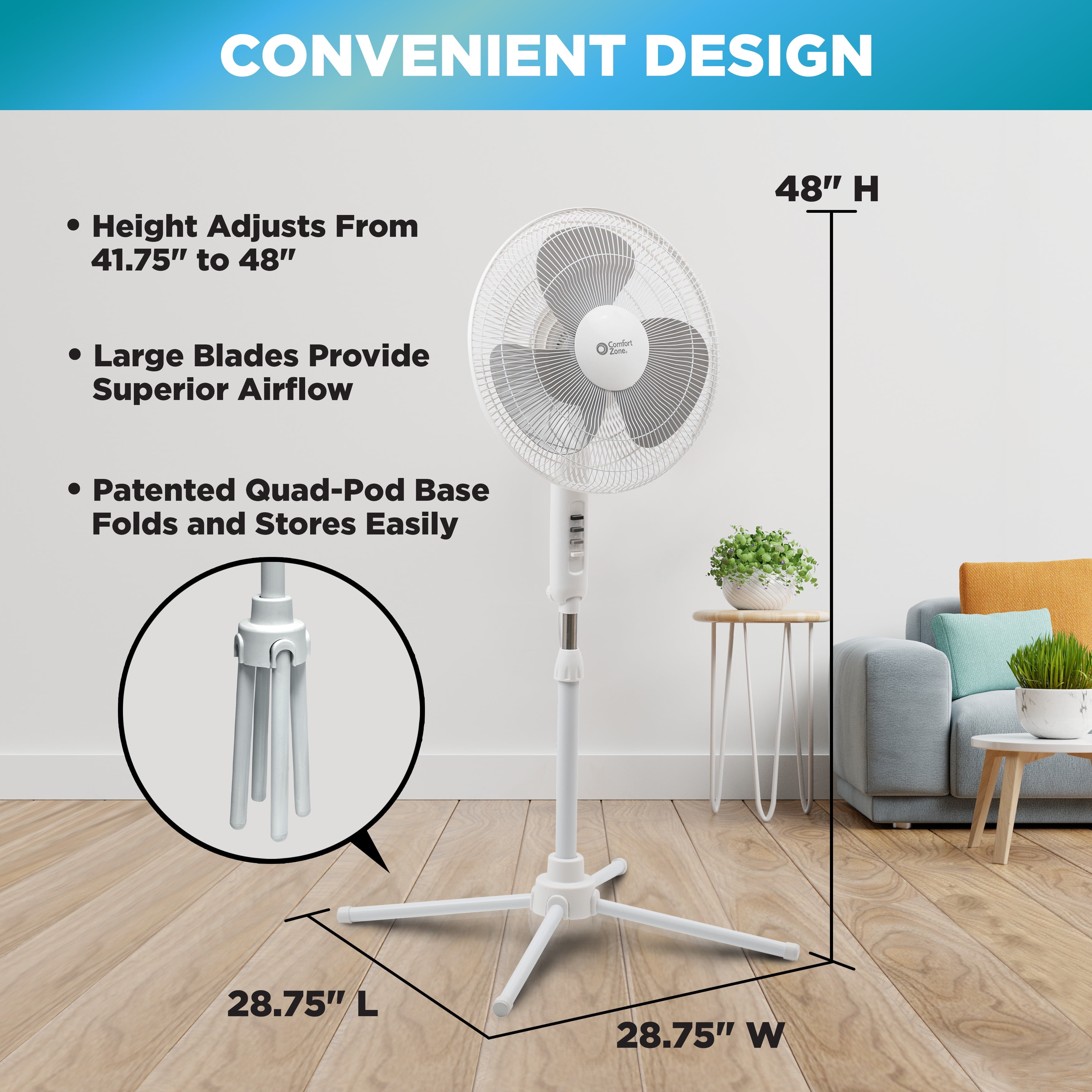 Comfort Zone 16 in. 3-Speed Adjustable-Height Pedestal Fan, White