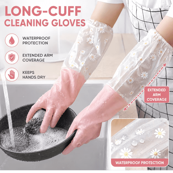 Long Cuff Waterproof Cleaning Gloves with Elastic Floral Sleeves, Reusable Dishwashing Gloves for Kitchen, Bathroom, Laundry and Household Chores