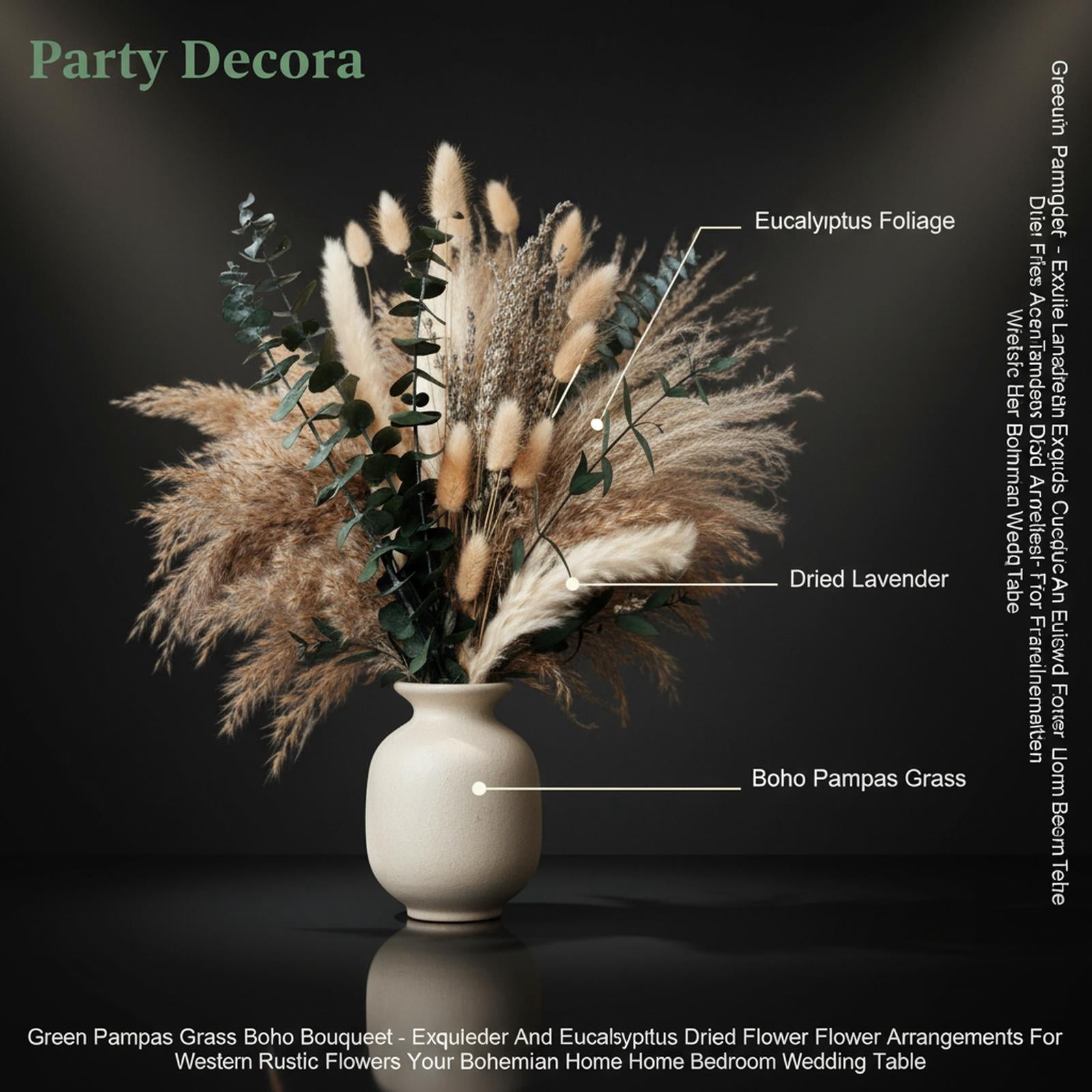 Green Pampas Grass Boho Dried Flower Bouquet Lavender Eucalyptus Rustic Western Decor for Bohemian Home Bedroom Wedding Table