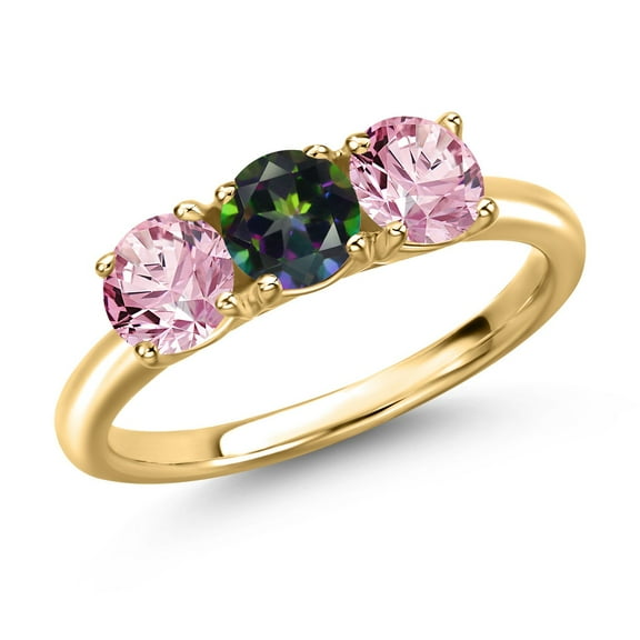 Gem Stone King 18K Yellow Gold Plated Silver Green Mystic Topaz and Pink Lab Grown Diamond Engagement Ring for Women | 1.55 Cttw | Round 5MM | Gemstone November Birthstone | Size 6