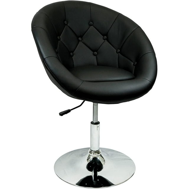 Nicer Furniture Rounded Leisure Bar Stool in Black with button tufted leather-like vinyl upholstery, rounded backrest serving as armrests, height adjustable lever, and chrome pedestal base with 360-degree swivel, ideal for kitchen and dining seating and suitable for casual workspace seating.