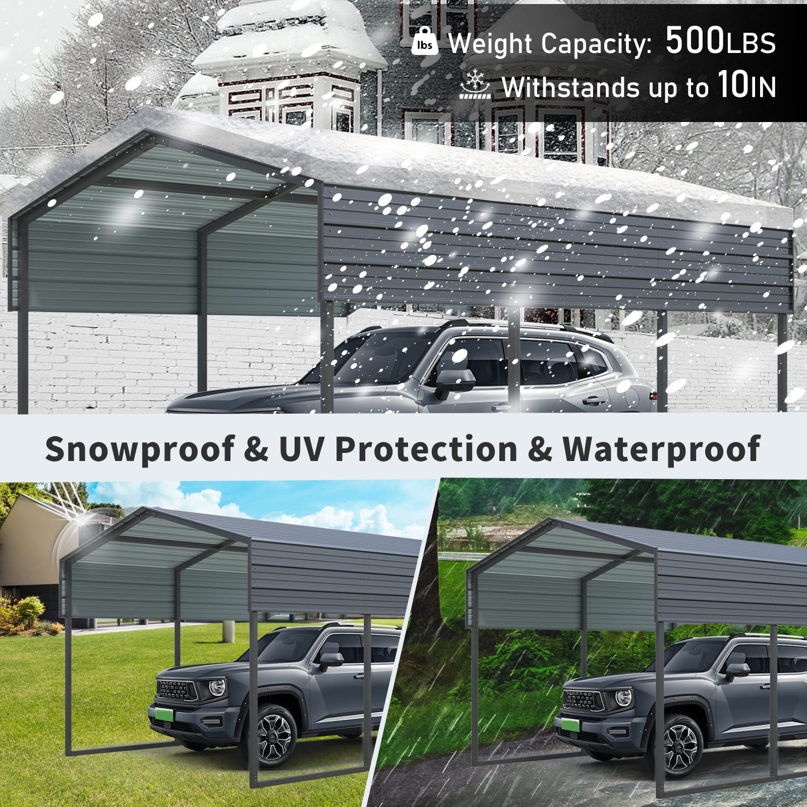 10 X 15 FT Outdoor Carport,Heavy Duty Carport Canopy with Galvanized Steel Roof and Frame,Metal Carport Large Garage for Driveway Car,Truck,Charcoal