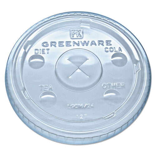 Greenware Cold Drink Lids, Fits 16 oz, 18 oz, 24 oz Cups, X-Slot, Clear, 1,000/Carton Greenware Cold Drink Lids, Fits 16 oz, 18 oz, 24 oz Cups, X-Slot, Clear, 1,000/Carton