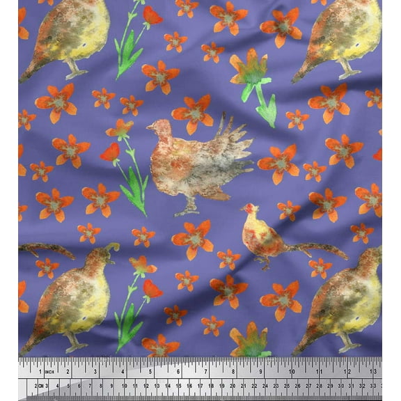 Soimoi Purple Cotton Duck Fabric Bird & Floral Printed Fabric 1 Yard 42 Inch Wide