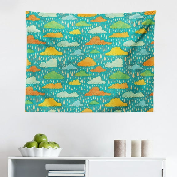 Funny Tapestry, Original Funny Teardrops Rain Shower Textured Pattern Girl Image, Fabric Wall Hanging Decor for Bedroom Living Room Dorm, 2 Sizes, Green Pink, by Ambesonne