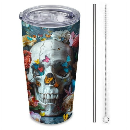

skull surrounded by colorful butterflies and flowers-Insulated Car Cup 20 oz Stainless Steel Travel Tumbler with Reusable Straw & Brush Hot & Cold Drinks Coffee/Tea/Office/Outdoor Drinkware