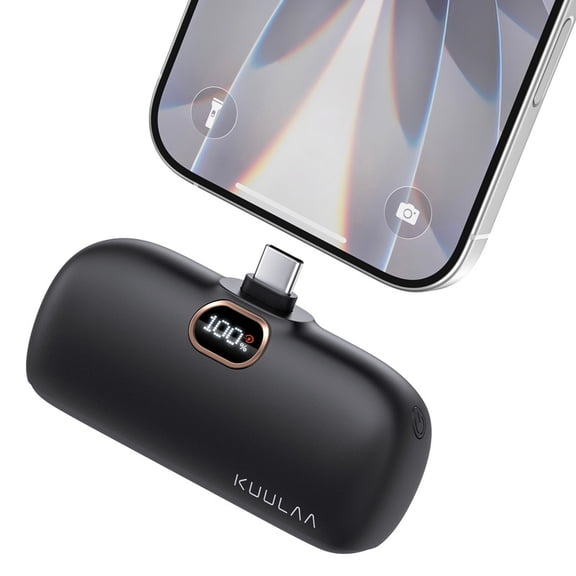 Kuulaa 5000mAh Mini Power Bank | Built-in Type-C Plug | 20W Fast Charge | LCD Display | Compatible for iPhone 15/16/17, Samsung S23/S24