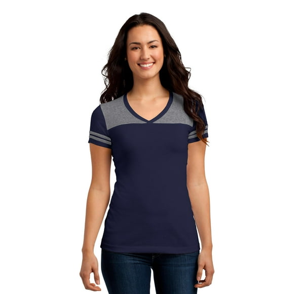 Discontinued District ® Juniors Varsity V-Neck Tee. Dt264 S True Navy/ Heathered Nickel