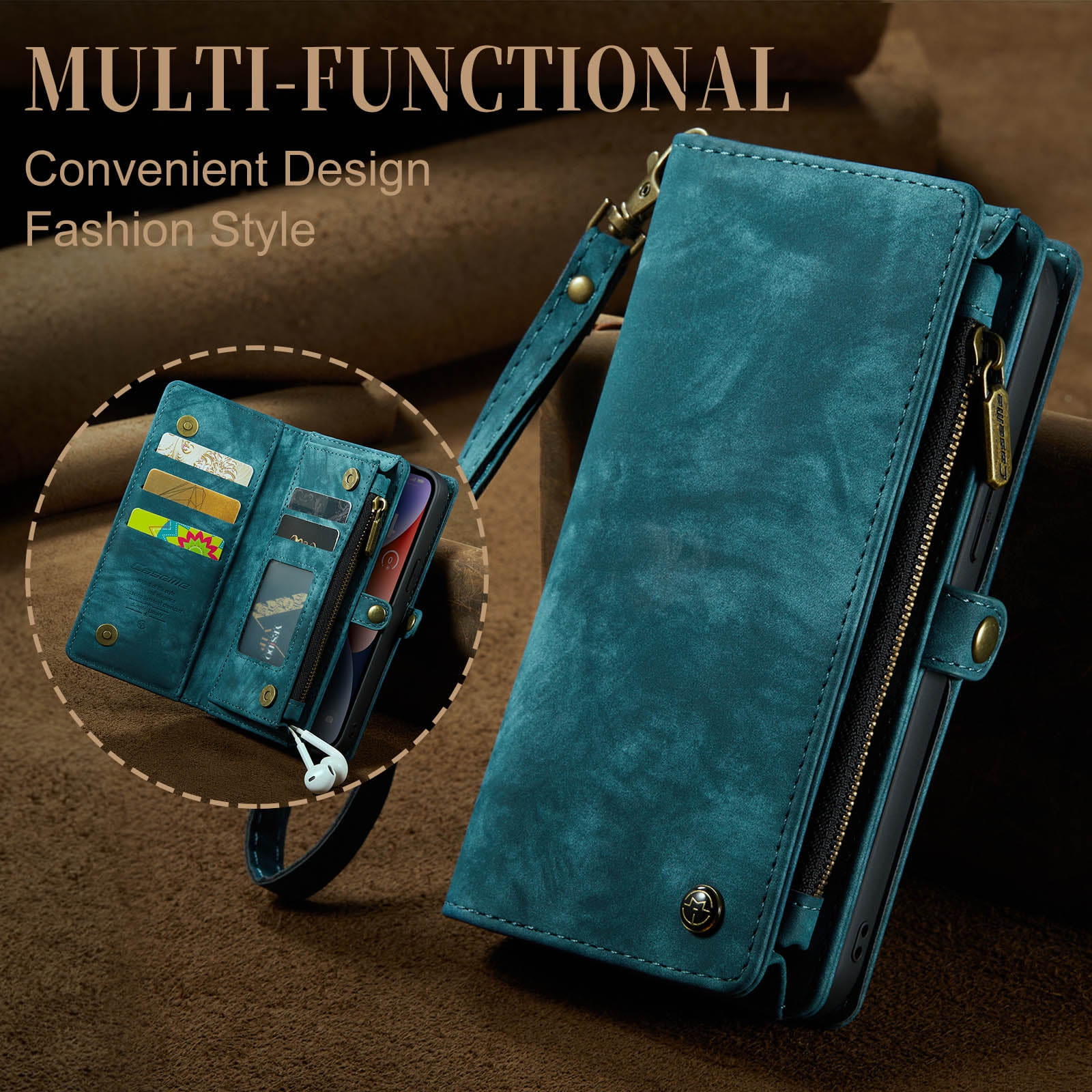 For Apple iPhone 15 Plus Wallet Case,Multi-Functional Retro Leather Purse Flip Cover Zipper Wallet Case with Removable Card Slots Pocket & Detachable Wrist Strap Magnetic Phone Case, Green