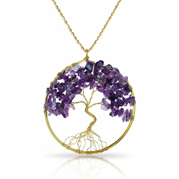 Purple Amethyst Stone Eternal Tree of Life Brass Long Necklace