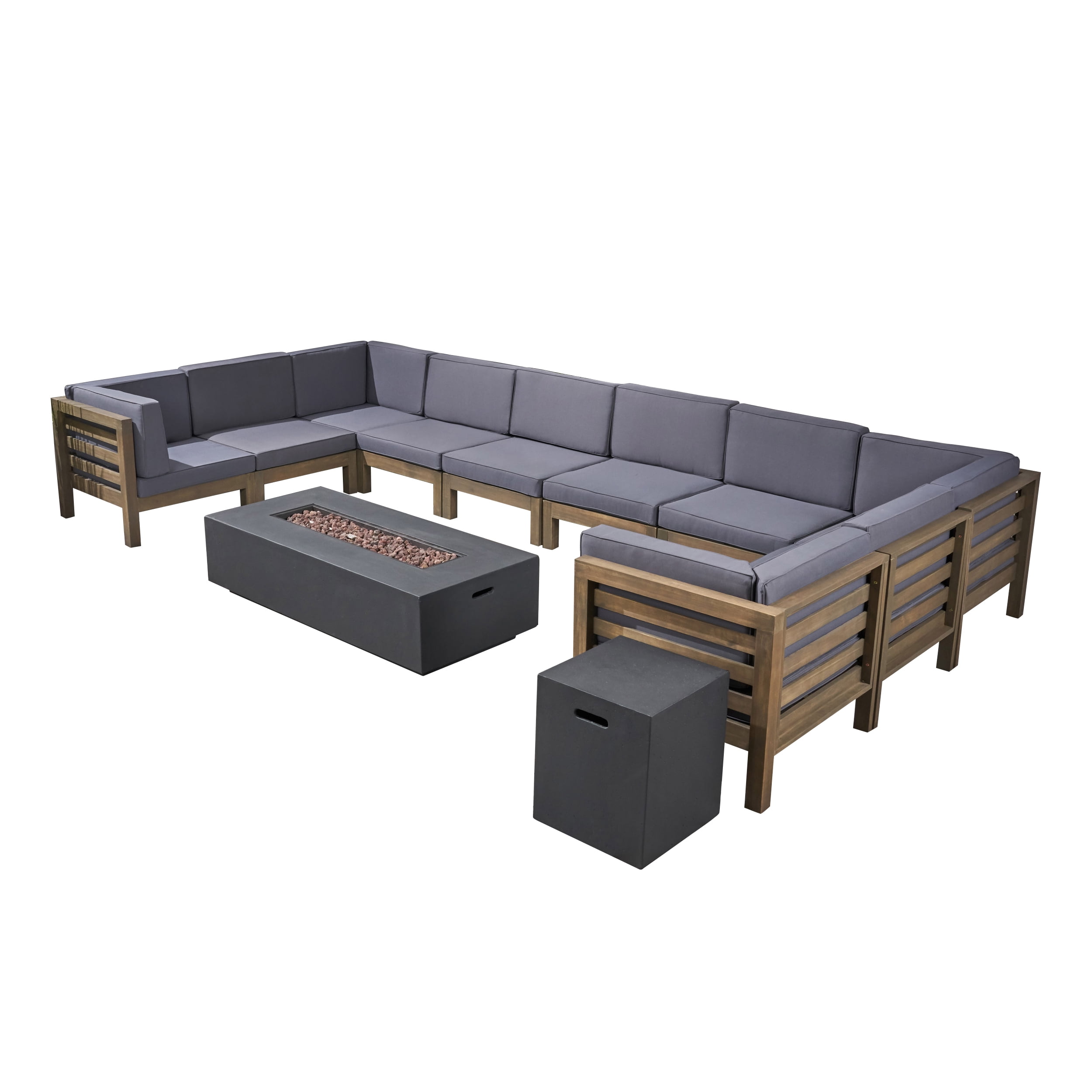 Frankie Outdoor 12 Piece Acacia Wood U-Shaped Sectional Sofa Set with Cushions and Fire Pit, Gray, Dark Gray, Dark Gray