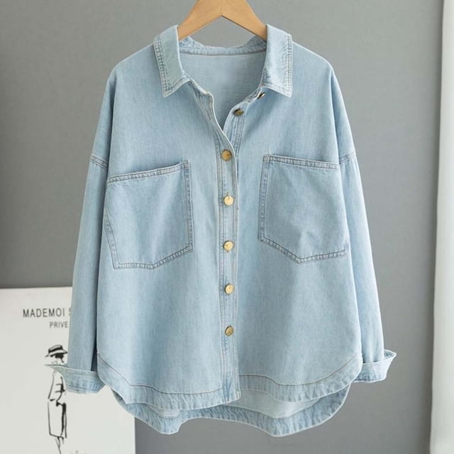 HOZADOIE Denim Tops for Women Long Sleeve Button Down Tops Fall Fashion Oversized Button Down Denim Jacket Western Shacket Jacket with Pockets