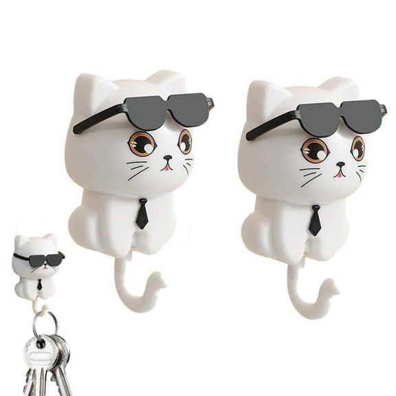 Clearance Hooks under $5,Cat Key Holder Creative Cat Shape Hooks 2 Pack Adhesive Coat Hooks Cute Cat Hooks With Sunglasses Decorative Cat Hooks For Keys Towel Hat Coat