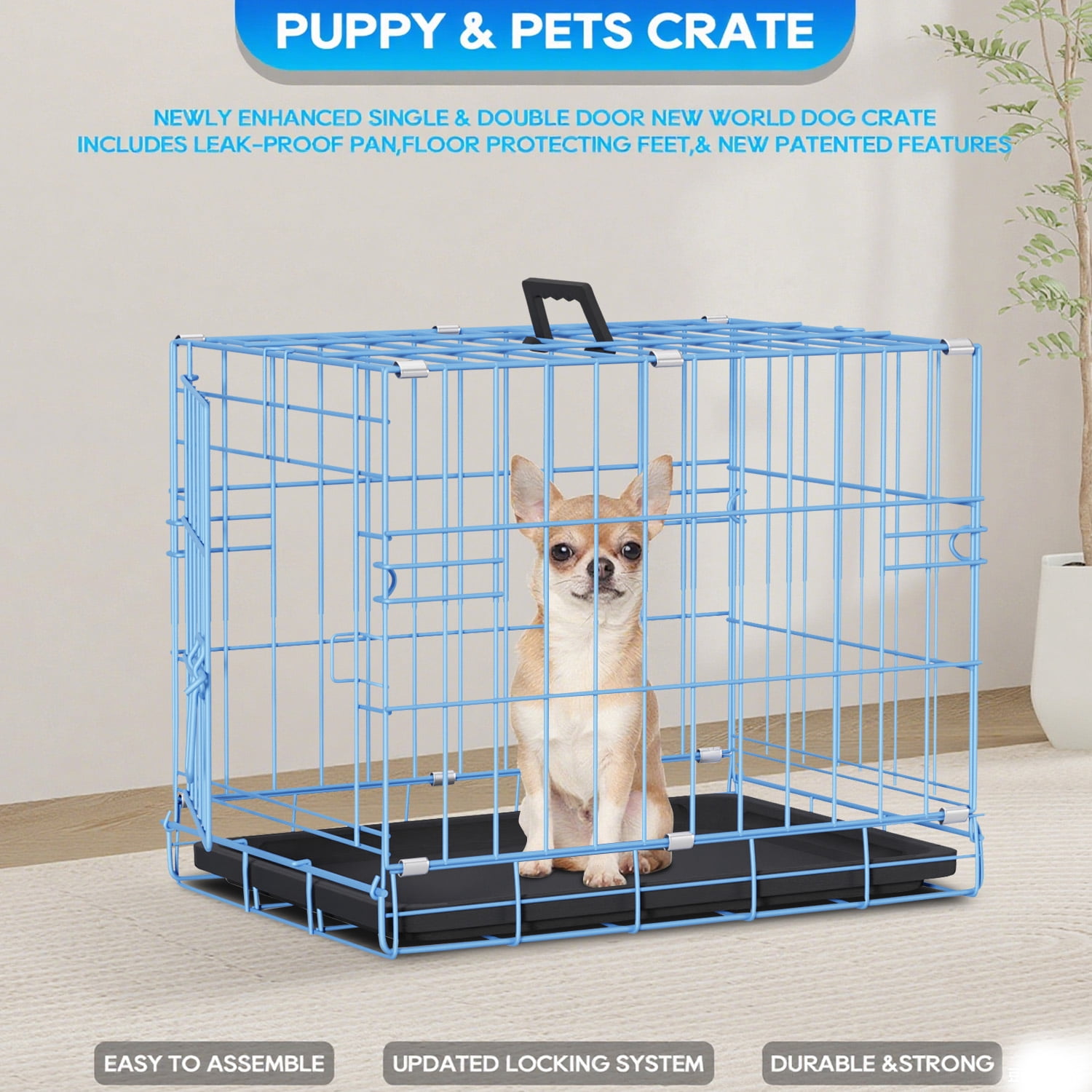 Small Dog Crate 18" Puppy Cage Dog Kennel Dog Cage Foldable Metal Wire Pet Cage with Handle Plastic Tray for Puppies （Blue）