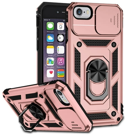 iPhone SE 2022 3rd Generation / iPhone SE 2020 2nd Generation / iPhone 8 / iPhone 7 Kickstand Armor Case with Slide Camera Lens Protection Built-in 360° Rotate Ring Holder Stand Magnetic, Rosegold