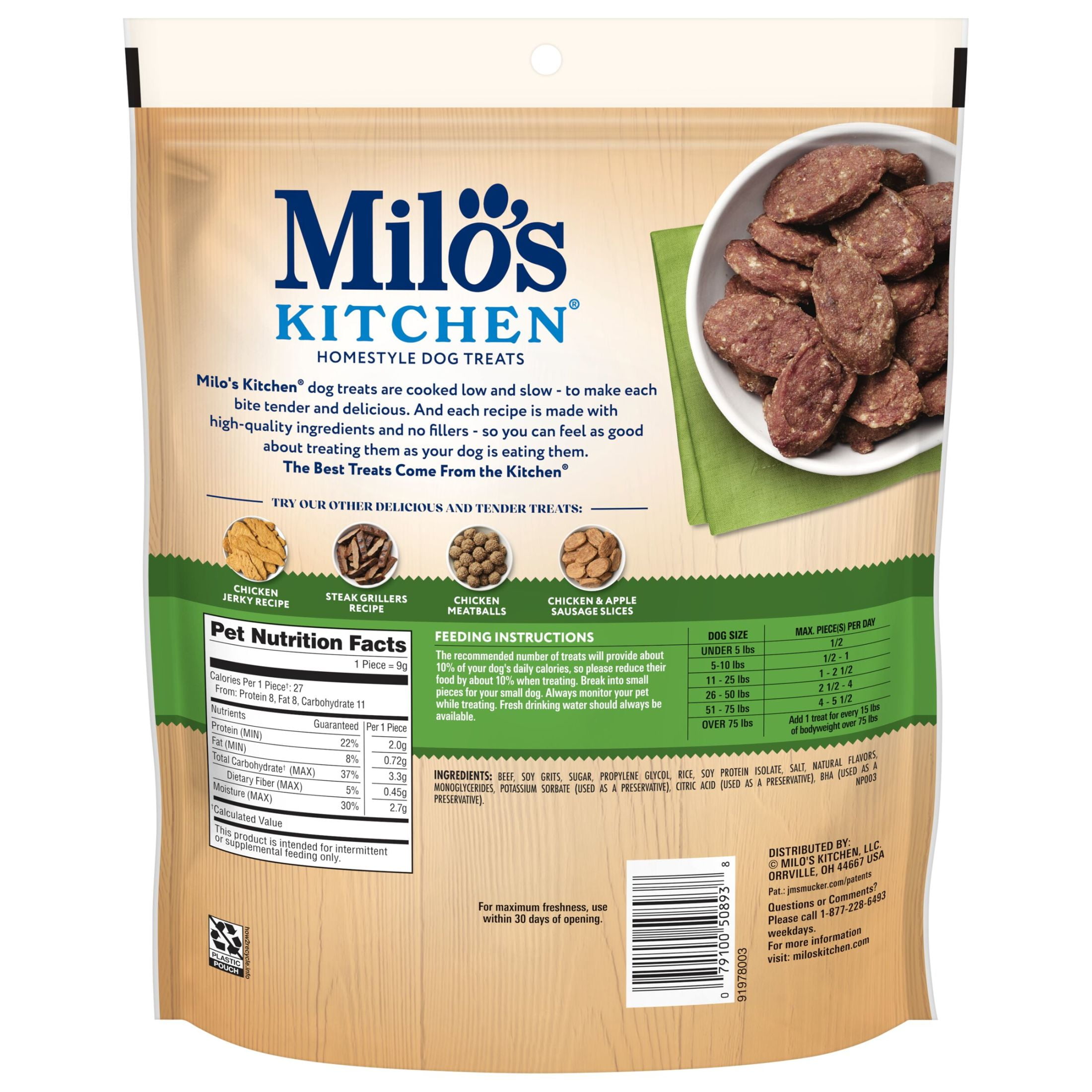 Milo’s Kitchen Beef Sausage Slices With Rice Dog Treats, 18 oz Bag