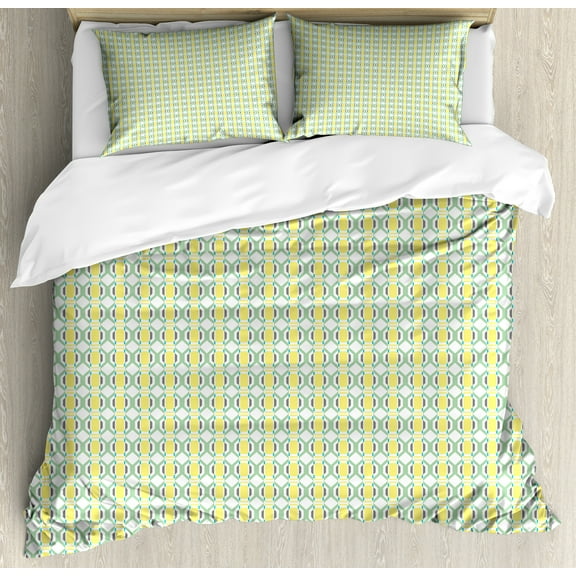 Geometric Duvet Cover Set, Modernistic Continuous Pattern with Pastel Tone Octagons and Squares, Decorative 3 Piece Bedding Set with 2 Pillow Shams, Calking Size, Yellow and Pale Green, by Ambesonne