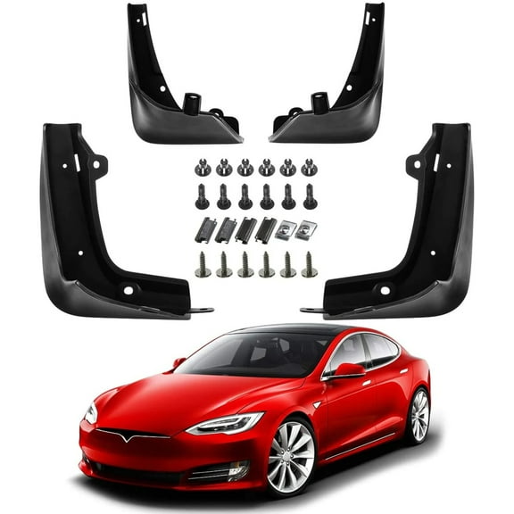Tesla Model S Mud Flaps, No Drill, Premium Front  Rear Set, 4-Pc, Matte Black, 2012-2016
