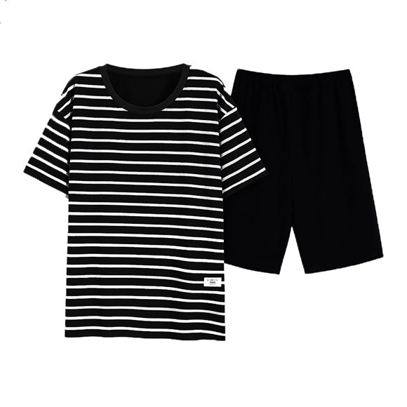 GDREDA Men Pajamas Men's Pajama Set Mens Striped Set For Men Classic Short Sleeve Sleepwear For Loose Casual Pyjamas Men's Pajama & Loungewear Black,XXXL