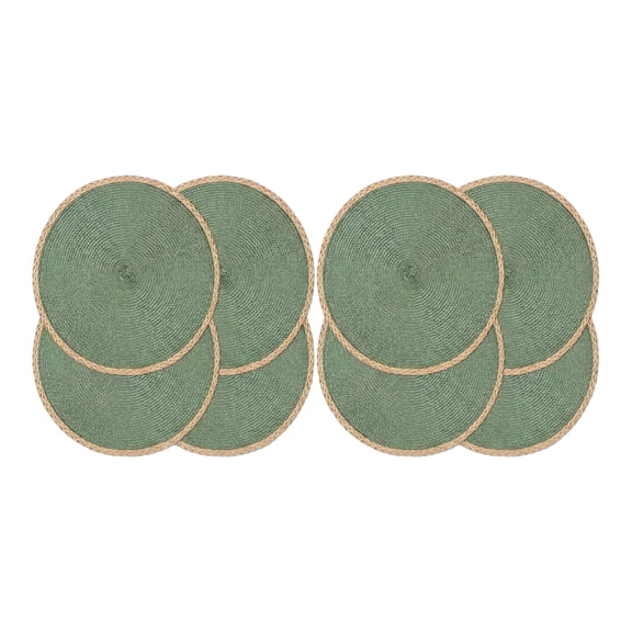 THDFTDT Set of 8 Round Woven Jute-Cotton Placemats, 15 inch, Thin Edge, Textured Bottom, Stable Table Mat for Indoor and Covered Outdoor Use