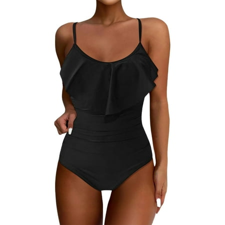 Biziza One Piece Swimsuit for Women Basic Black Trendy Solid Color 2025 Padded Ruffled with Built in Bra Tummy Control Swimsuits Mock Turtleneck Ruffle Spandex Bathing Suits