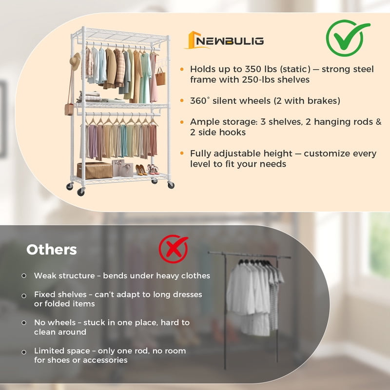 Gianna 45 Inch Rolling Clothes Rack, Adjustable Metal Shelves, Heavy Duty Clothes Rack with Side Hooks for Household, Laundry Room, White