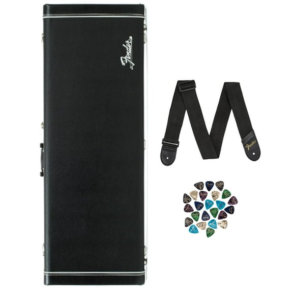 Fender Classic Stratocaster/Telecaster Wood Case - Black w/ Guitar Strap